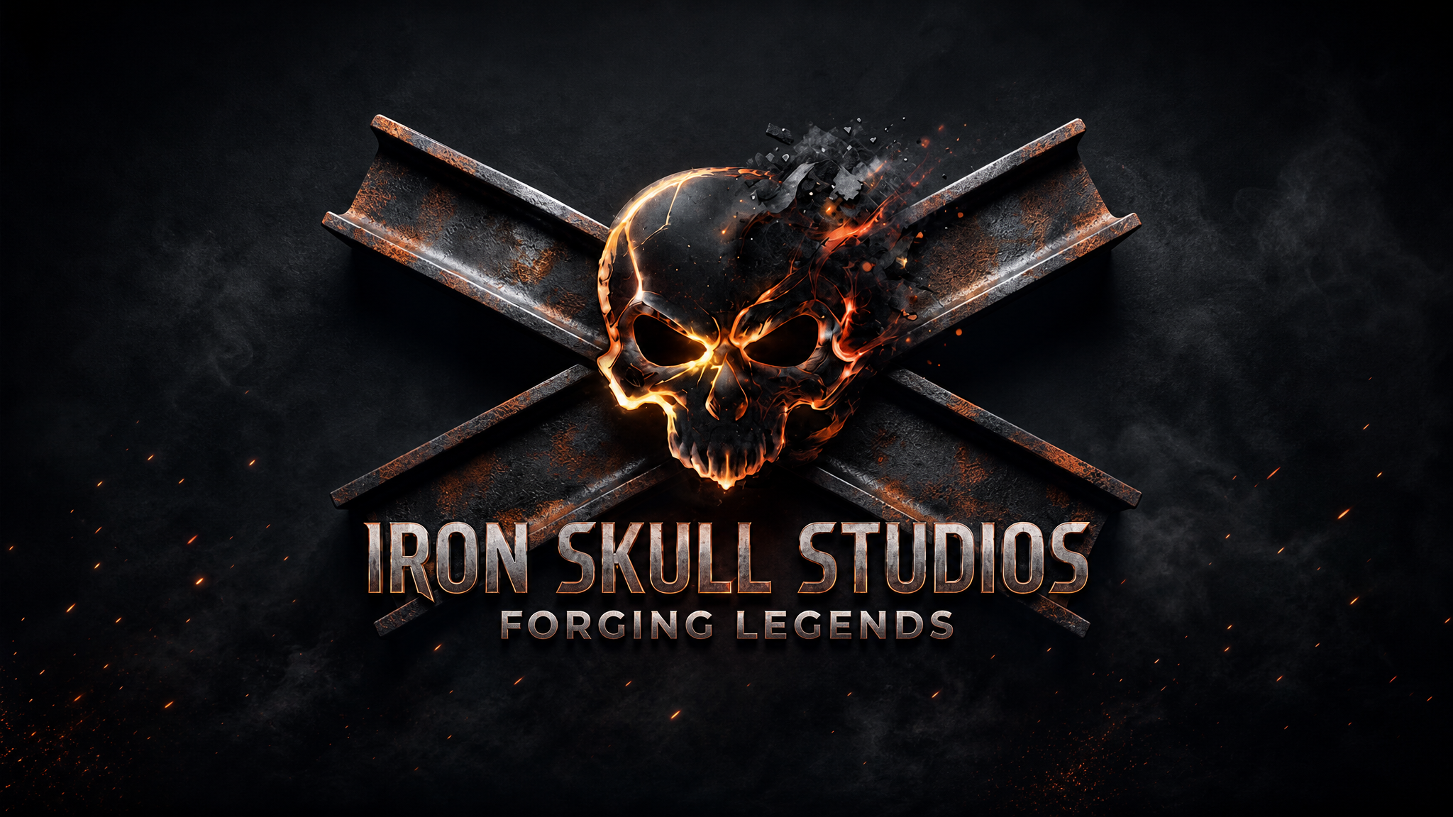 Iron Skull Studios — Skull with crossed steel beams and molten fire